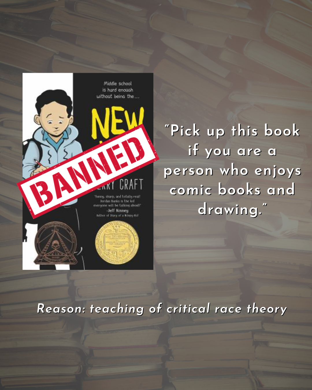 Text reads βPick up this book if you are a person who enjoys comic books and drawing.β Reason: teaching of critical race theory