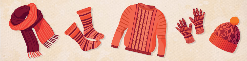illustrations of a scarf, socks, a sweater, gloves and a hat