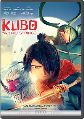 Cover for the dvd case for the movie Kubo and the Two Strings. Kubo, a young Japanese boy, wears a red samurai robe and is holding up a sword diagonally in front of him. Kubo's black hair is parted across his face and obscures his right eye, which is missing under an eye patch. Behind him are a monkey with gray fur and an anthropomorphic black beetle with a bow and quiver full of arrows. The three characters are featured in front of a giant moon in the night sky.
