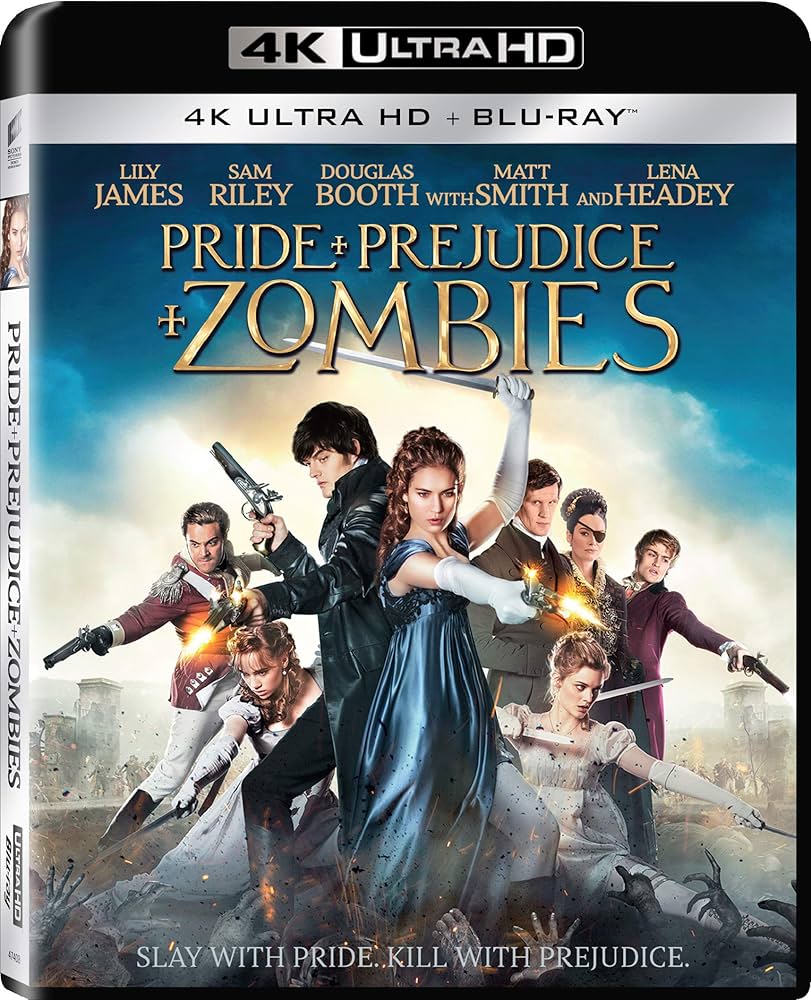 Cover of the dvd case for the movie Pride + Prejudice + Zombies, featuring 8 white people dressed in formal Regency era clothing and holding a variety of weapons, such as small guns, daggers and swords. The people are stylized in fighting poses. 
