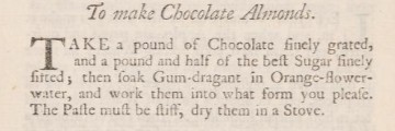 An old, faded recipe for chocolate almonds.
