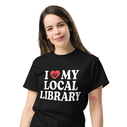 Store: Black tee: I ❤ My Local Library with DBRL logo