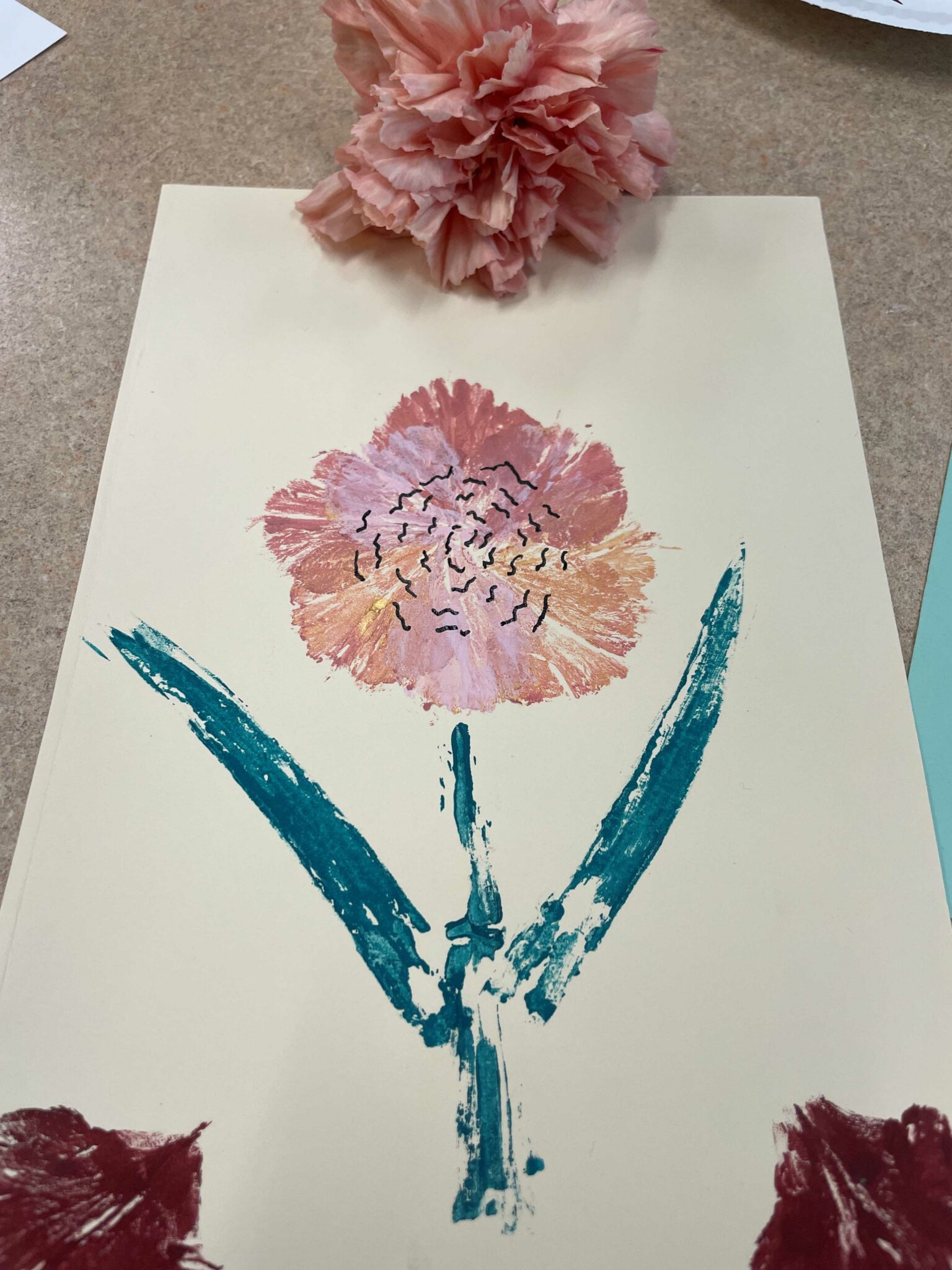 A finished nature print on cream-colored cardstock, featuring a carnation flower with light pink, gold and rose pink petals and a dark blue green stem and leaves. There are black squiggly marks drawn over the flower's pink and gold head, to suggest the ruffled layers of a live carnation flower. At the top of the photo, lying on top of the cardstock, is the top of a live carnation flower.