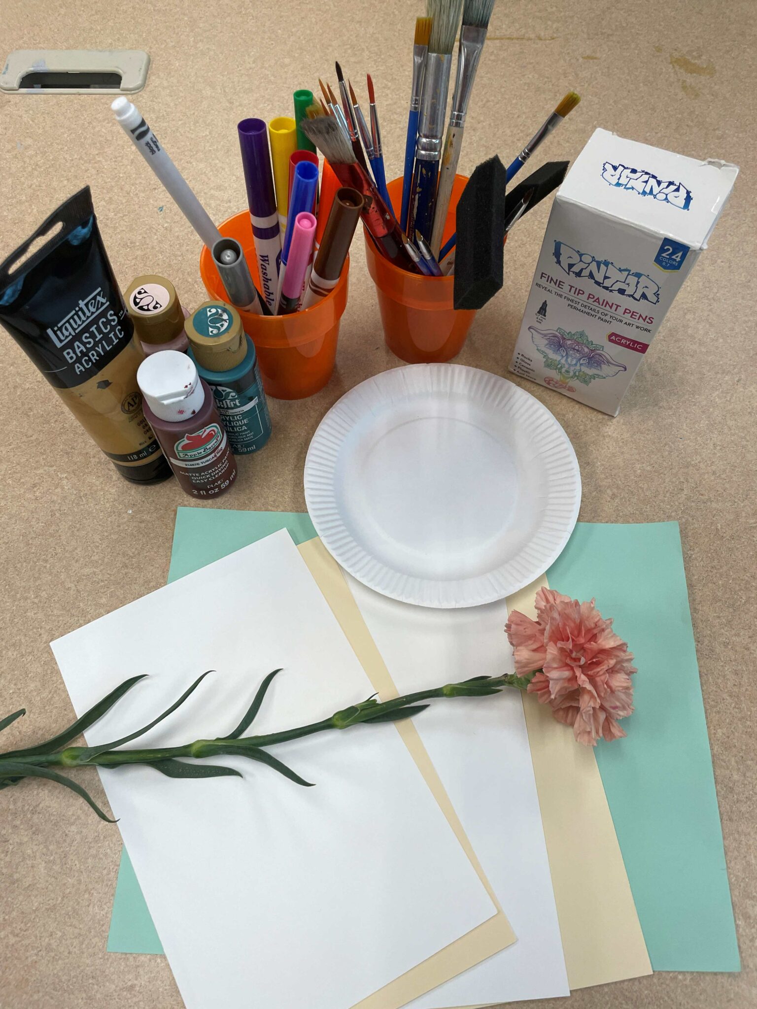 Various art supplies you would need to make a nature print including paint, markers, paint brushes, paint pens, a paper plate, a couple pieces of white and cream cardstock, one piece of green paper, and a single light pink carnation. 