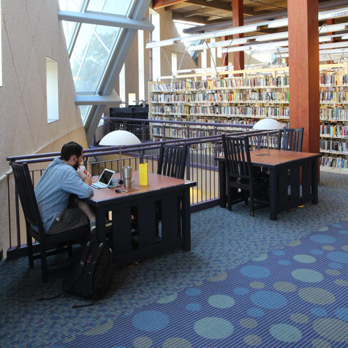 a person uses a library study table in the foreground, shelves of books and large windows are in the background
