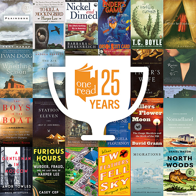 The One Read 25 Years logo on a trophy with a grid of book covers