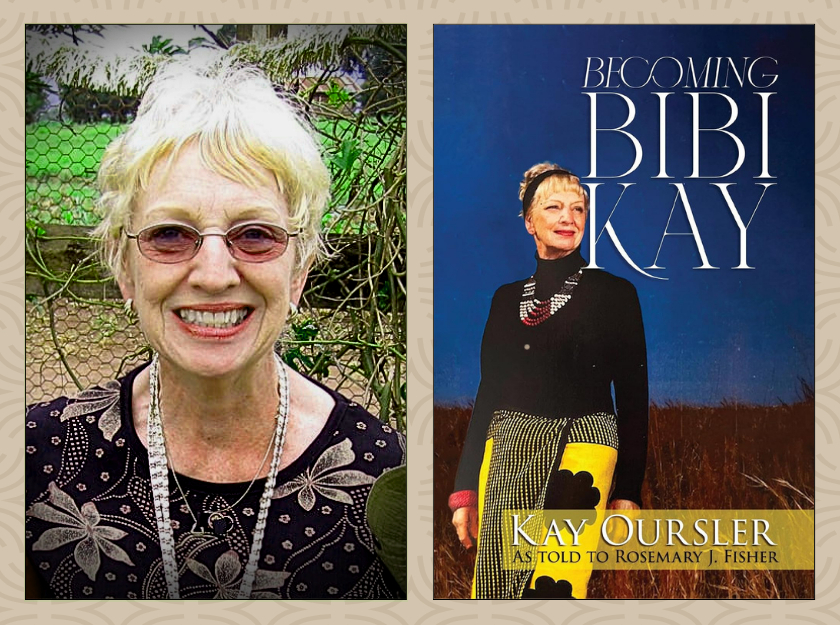Author photo of Kay Oursler & book cover for "Becoming Bibi Kay"