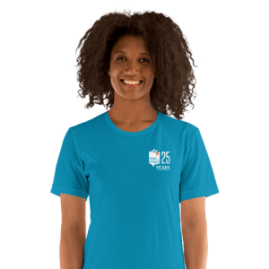 Store: Blue tee with One Read 25 Years logo