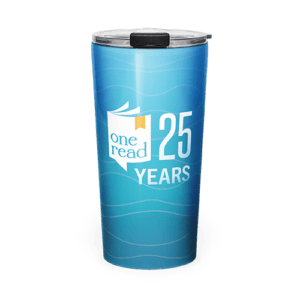 Store: Blue covered, insulated tumbler with One Read 25 Years logo