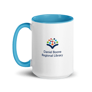Store: White coffee mug with bright blue handle and interior sporting the DBRL logo