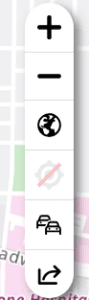 This is the lower right menu for MapQuest on a desk top, consisting of zoom options, a toggle for satellite view, return to user focus, toggle between transportation methods, and a sharing button.